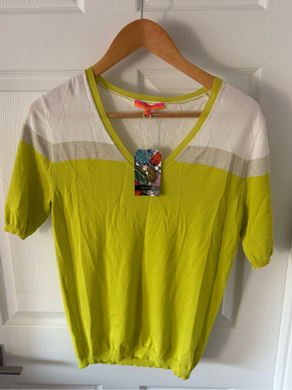 NWT Vilagallo Lime Green Colorblock Metallic Stripe V-Neck Knit Top - Size M
